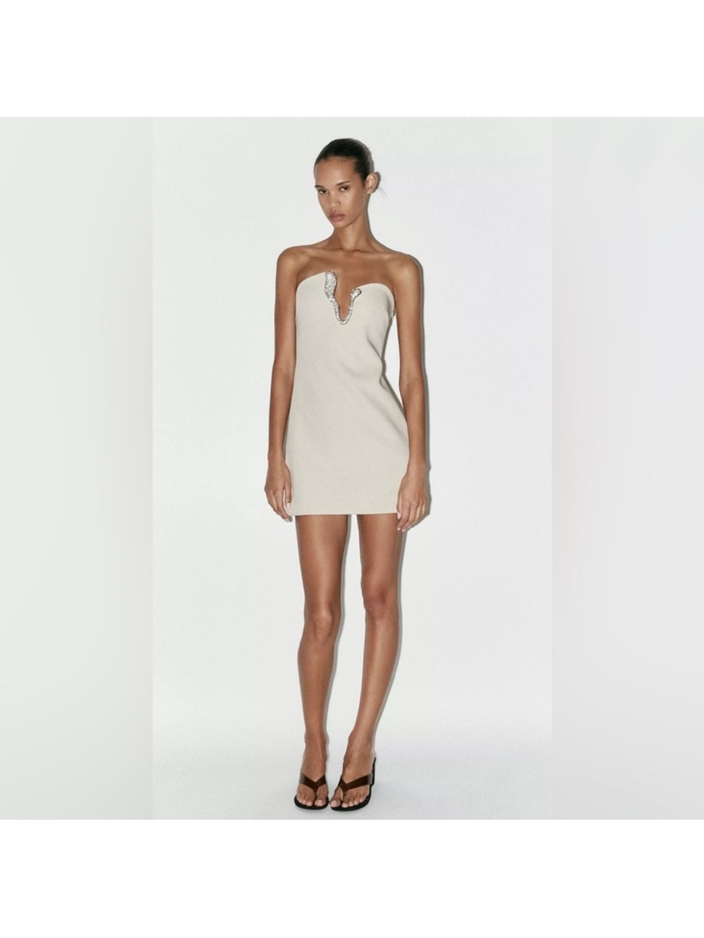 Zara Strapless Beige Mini Sheath Dress with Embellishment